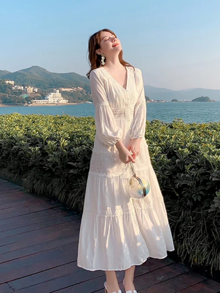 SMTHMA Summer Lace Dress Beach Holiday Boho White Linen Cotton Plus Size Long Dresses for Women Hollow Out Casual Robe Vestidos