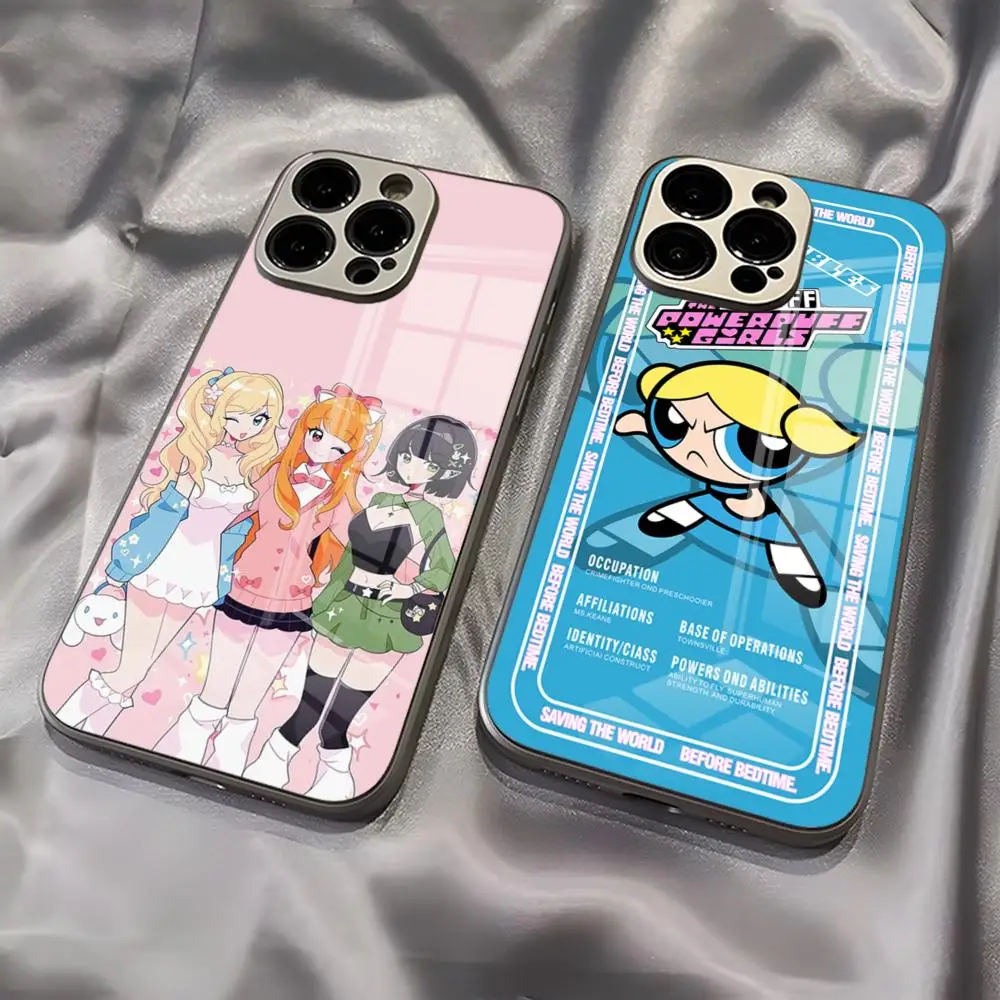 Cute The P-Powerpuffs Girls Phone Case New Cool Electroplated Glass Unique Fashion For IPhone 16 15 14 13 12 11 X Vivo Oppo