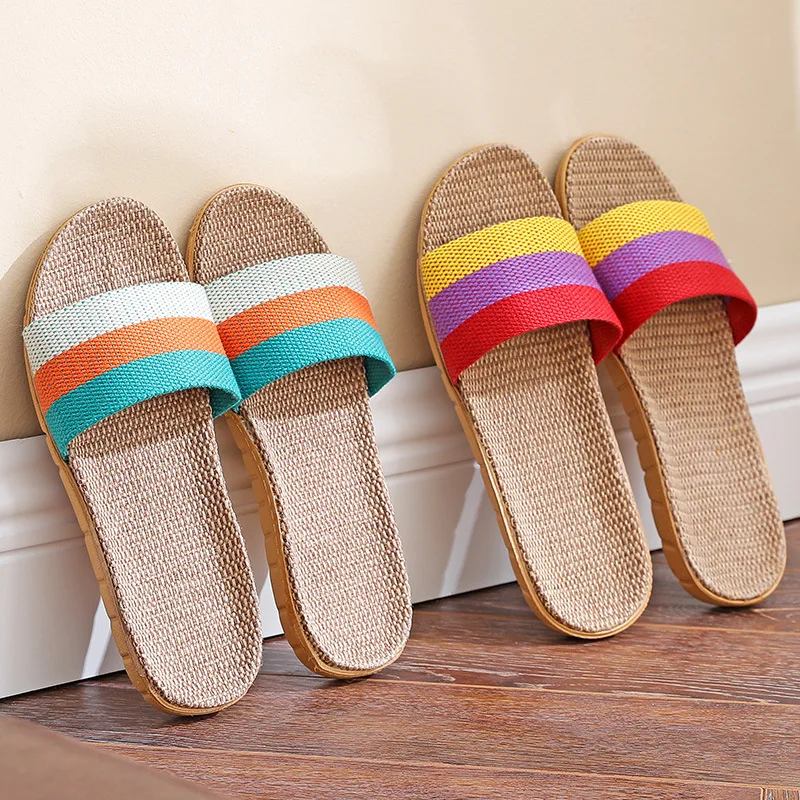 

Hemp Summer Women's Slippers Home Flats Elegant Designer Woman Shoes Linen Casual Indoor Slides Couple Soft Sole Non-Slip Floor