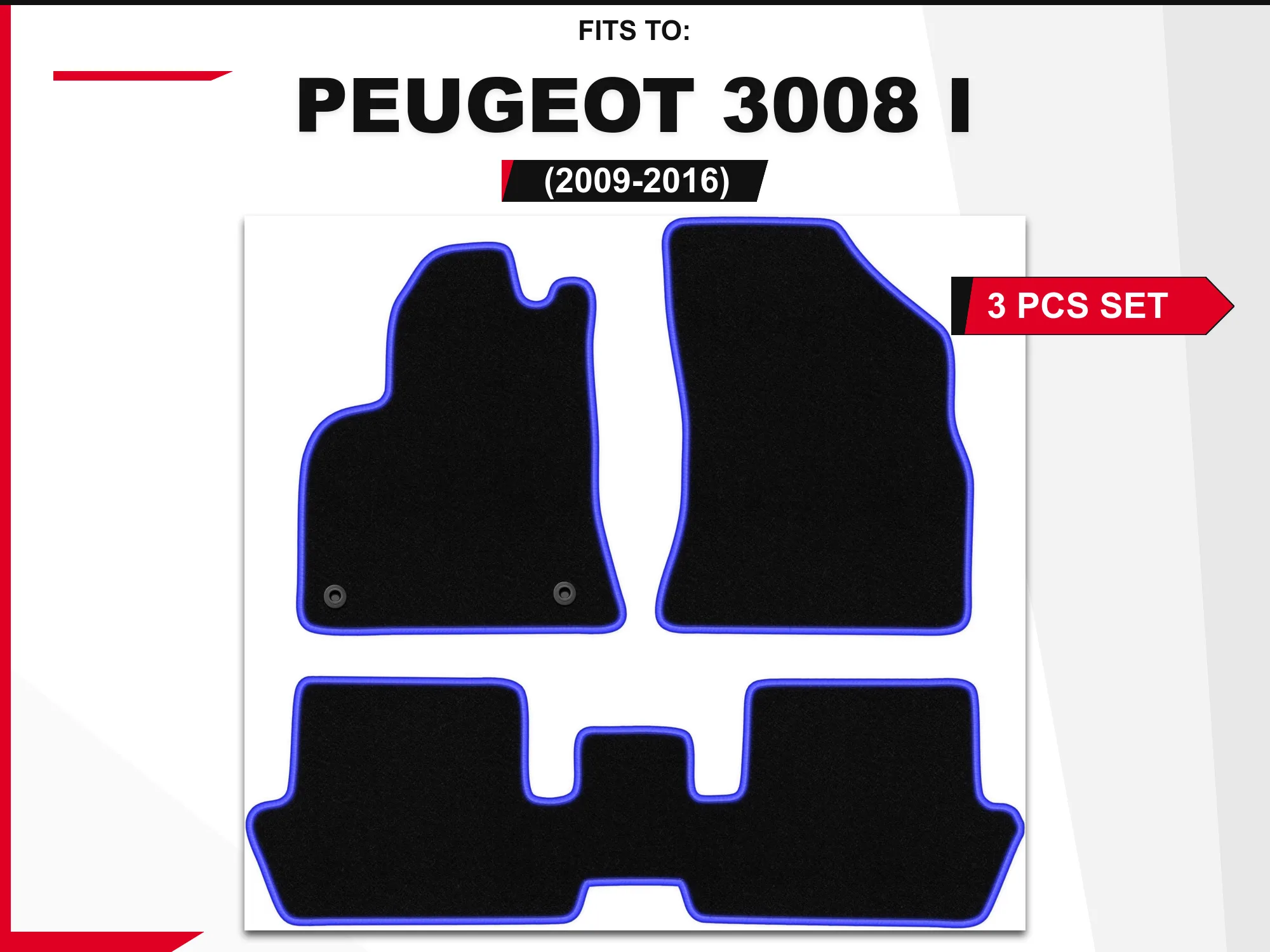 Velours vloermatten voor: Peugeot 3008 I 2009–2016, 3 stuks. Zwart-blauwe passende autovloermatten, set