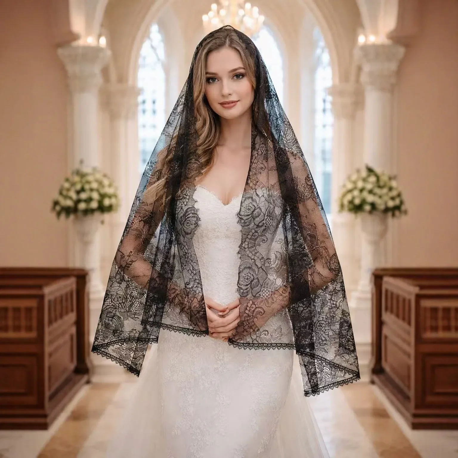 

Кружевная вуаль, свадебная накидка для церковной церемонии, черно-белое кружево, однослойный головной убор