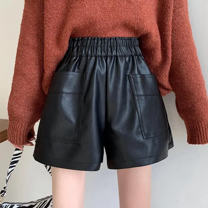 Winter Loose PU Shorts Shorts High Waist Wide Leg Faux Leather Vintage Solid Short Cuir Femme Fashion Korean Shorts Female V6