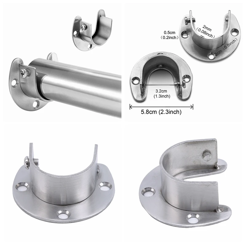 Stainless Steel Clothes Rail Closet Curtain Rod Shower U-Shaped Pole Sockets Flange End Supports