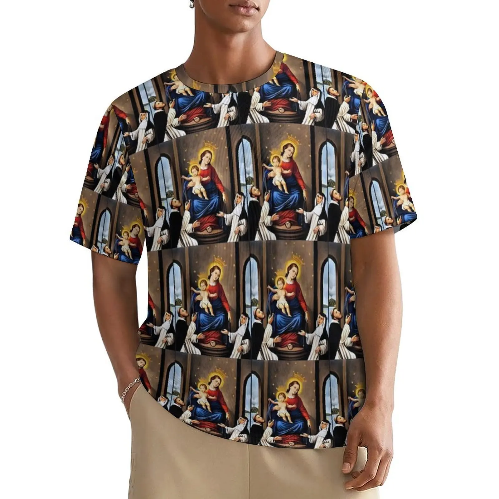 Camiseta de la Virgen María para hombre, camisetas con diseño de Nuestra Señora del Rosario, camisetas con cuello redondo, camisetas originales de moda, ropa de calle, camisetas de gran tamaño, regalo