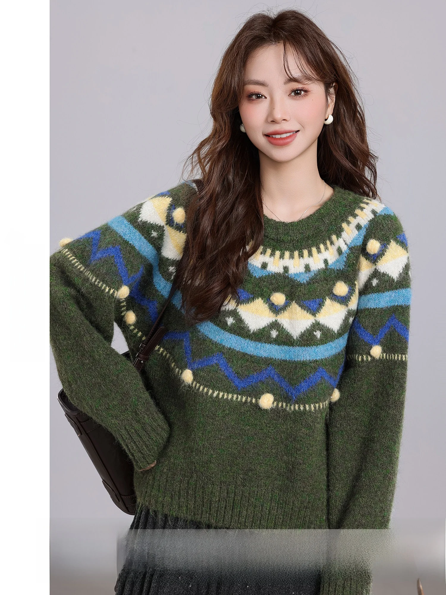 

Yew Tree S Fair Isle Knit Sweater round Ne Vintage Embroidery Women's Winter New Arrival Comfortable Loose Fit Long Sve