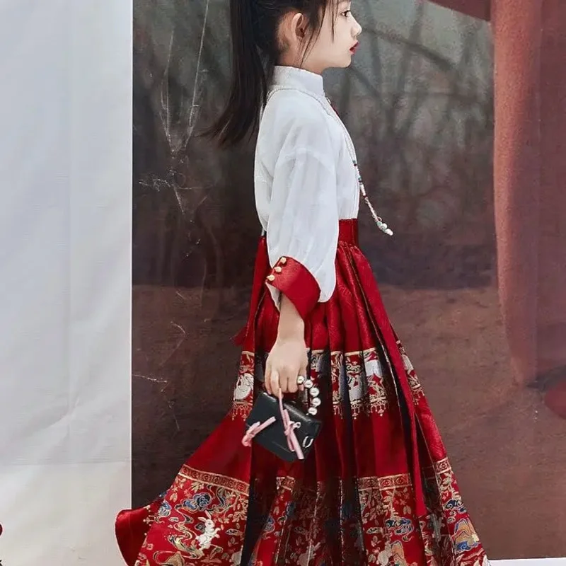 بدلة Hanfu للفتيات بدلة Mamianqun Chinoiserie Tang بدلة تنورة وجه الحصان الأحمر القديمة بدلة صيفية رقيقة للأطفال #3
