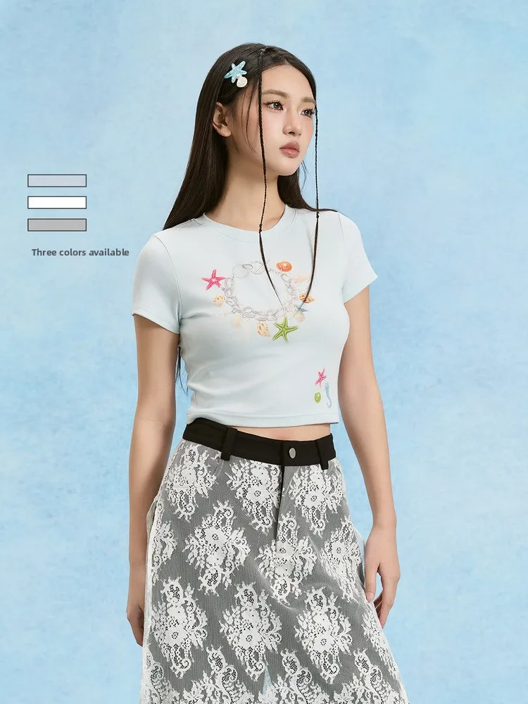 

SOFITTE Korean Ocean Sle Chain Print Slim Fit ort Sve T-irt Women Casual Faion Breathable Comfortable Cotton Blend