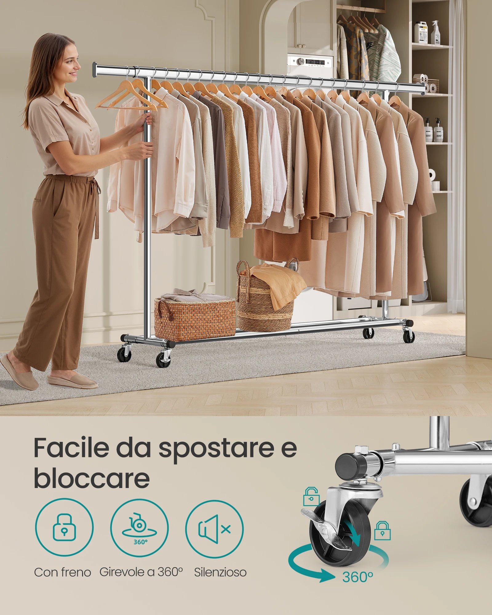 حامل SONGMICS Appendiabiti con Ruote، Portata Totale 150 كجم، 45 × (160-200) × 161 سم، أرجنتو/نيرو #4