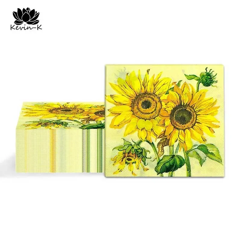 20pcs/Pac 33cm 2-Ply Sunflower Printed Coloured Napkins Housewares Printed Tissue Paper Tray Festive Party Customizable