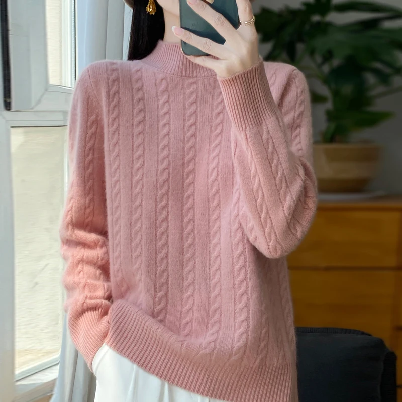 Autumn Winter New 100% Merino Wool Women\'s Clothes Half High Collar Solid Color Long Sleeve Sweater Knit Pullover Casual coat