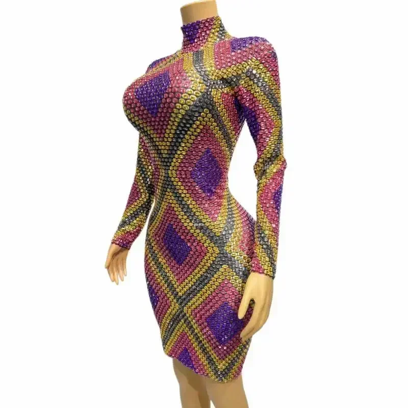 Bling Bling Long Sleeve Women Short Dress Rhinestone Drag Queen Outfit Birthday Stage Performance Costume Celebrate 2023