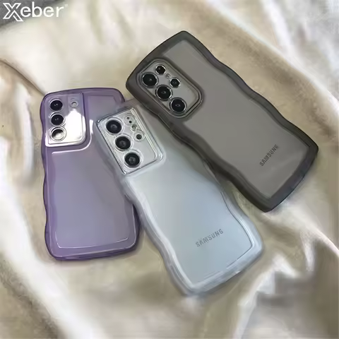 Fashion Cute Transparent Curly Wave Phone Case For Samsung S23 S22 Ultra S21 Plus S20 Shockproof Bumper Clear Candy Color Cover
