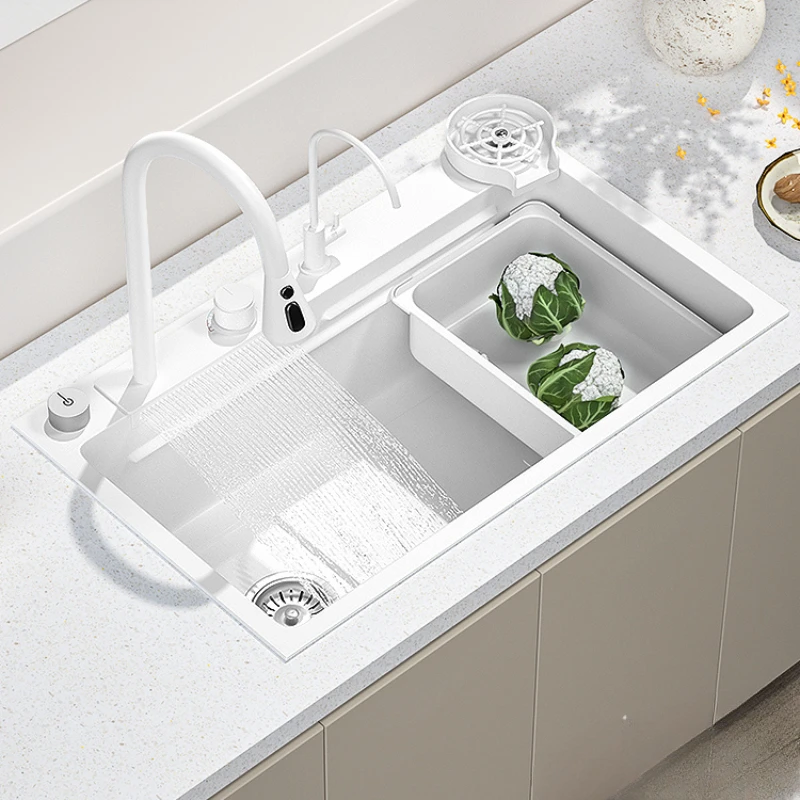 

Feiyu Waterfall Sink Nano 304 Stainless Steel Kitchen Household Large Single Tank White Vegetable Wash Basin Left Side Drainage