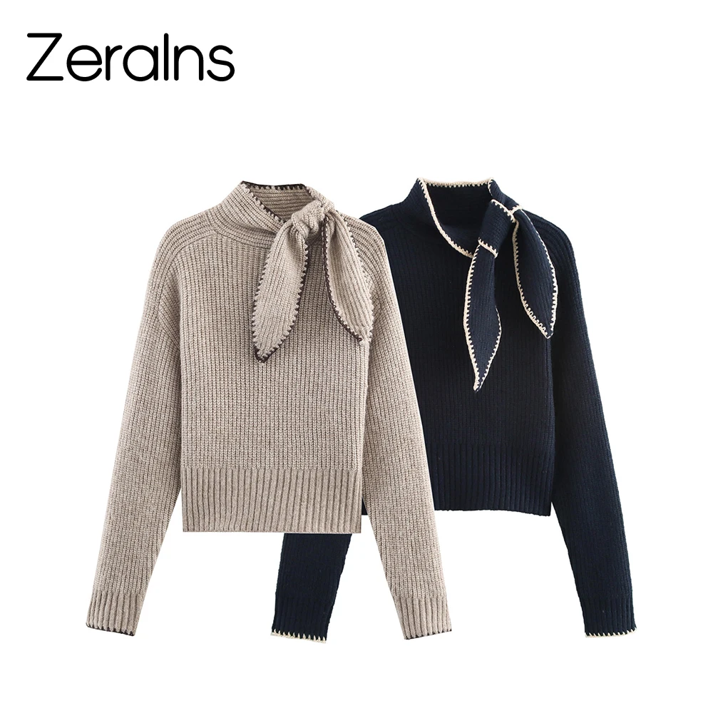 ZERAINS Winter neuer süßer und modischer Strickpullover mit Stehkragen und langen Ärmeln, Schmetterlingsknoten-Dekoration für Damen