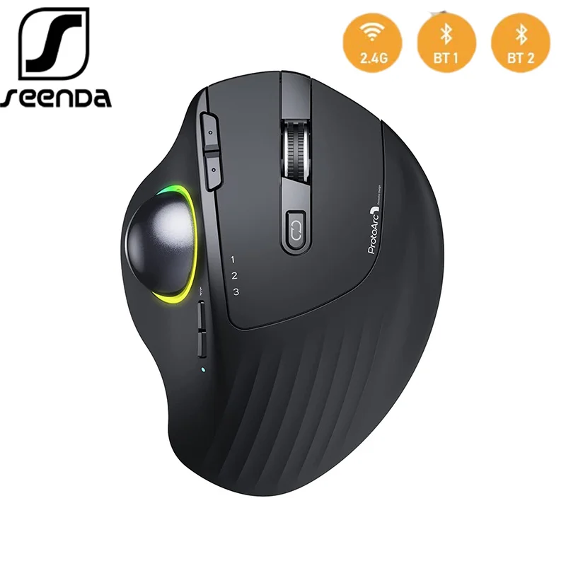 SeenDa 2.4G Bluetooth Rechargeable Mice Adjustable DPI 3 Device Connection RGB Wireless Trackball Mouse for PC Laptop iPad Mac