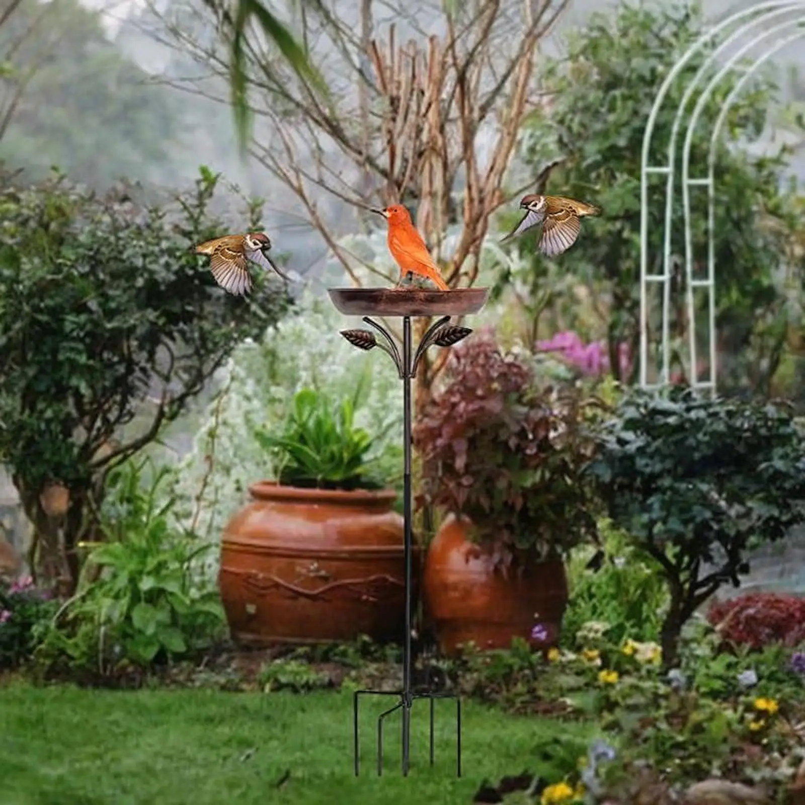 

Metal Bird Bath Versatile Vintage Design with 5 Prongs Base Stake Ornament Bird Feeder for Courtyard Outdoor Porch Lawn Yard