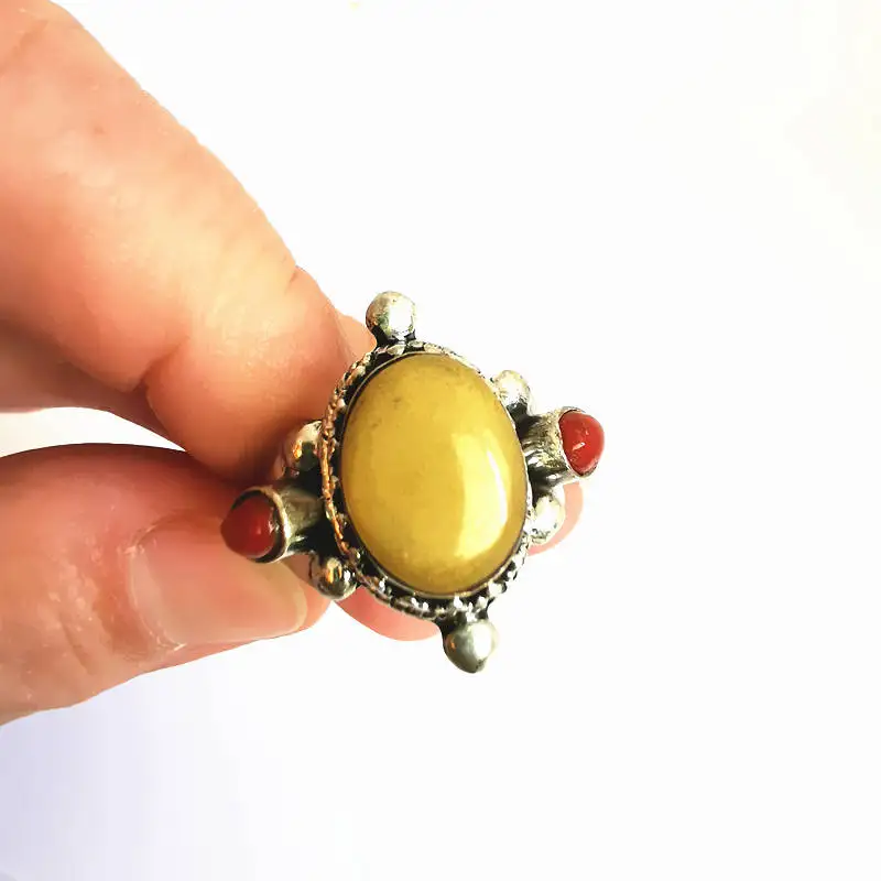 Nepal Hand 925 Silver Inlaid Opal Honeywax Resin Big Rings for Man Vintage Jewelry T9069
