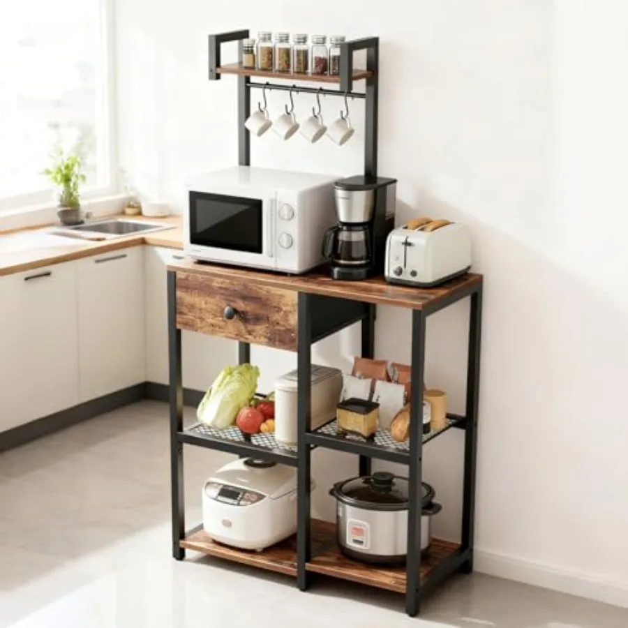 

Bakers Rack with Storage, Microwave Stand with Drawer, 6-Tier Coffee Bar Organizer, Adjustable Stand with Hooks, Freestanding K