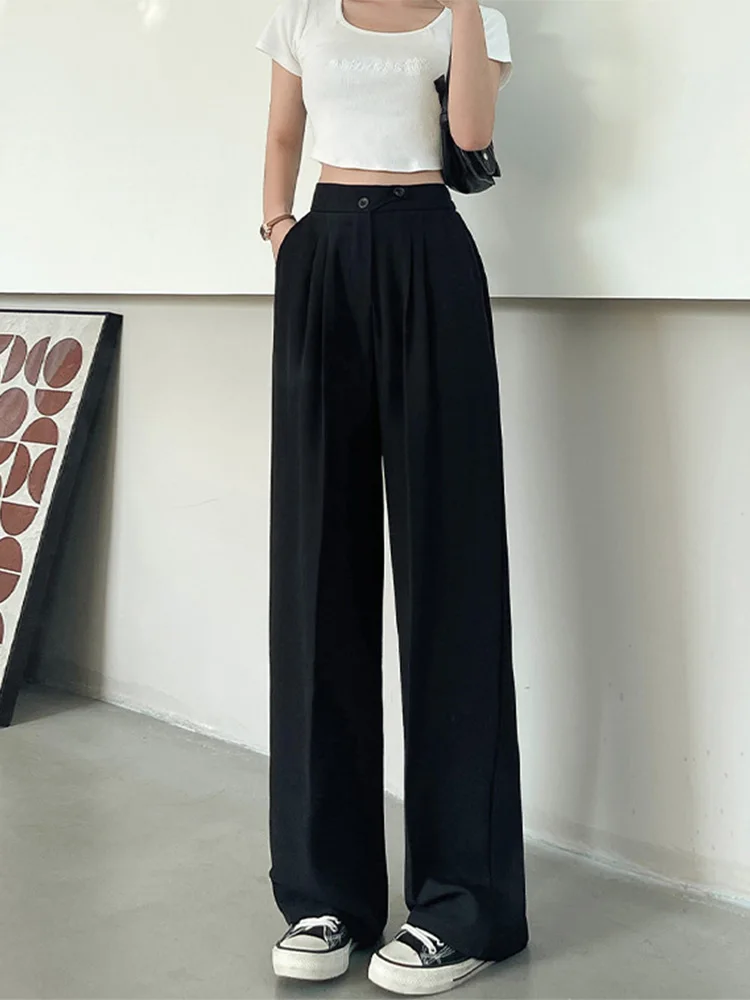 

Wide Office Trousers for Women 2024 High Waist White Straight Stacked Pants with Pockets Double-button Classic Women's Trousers