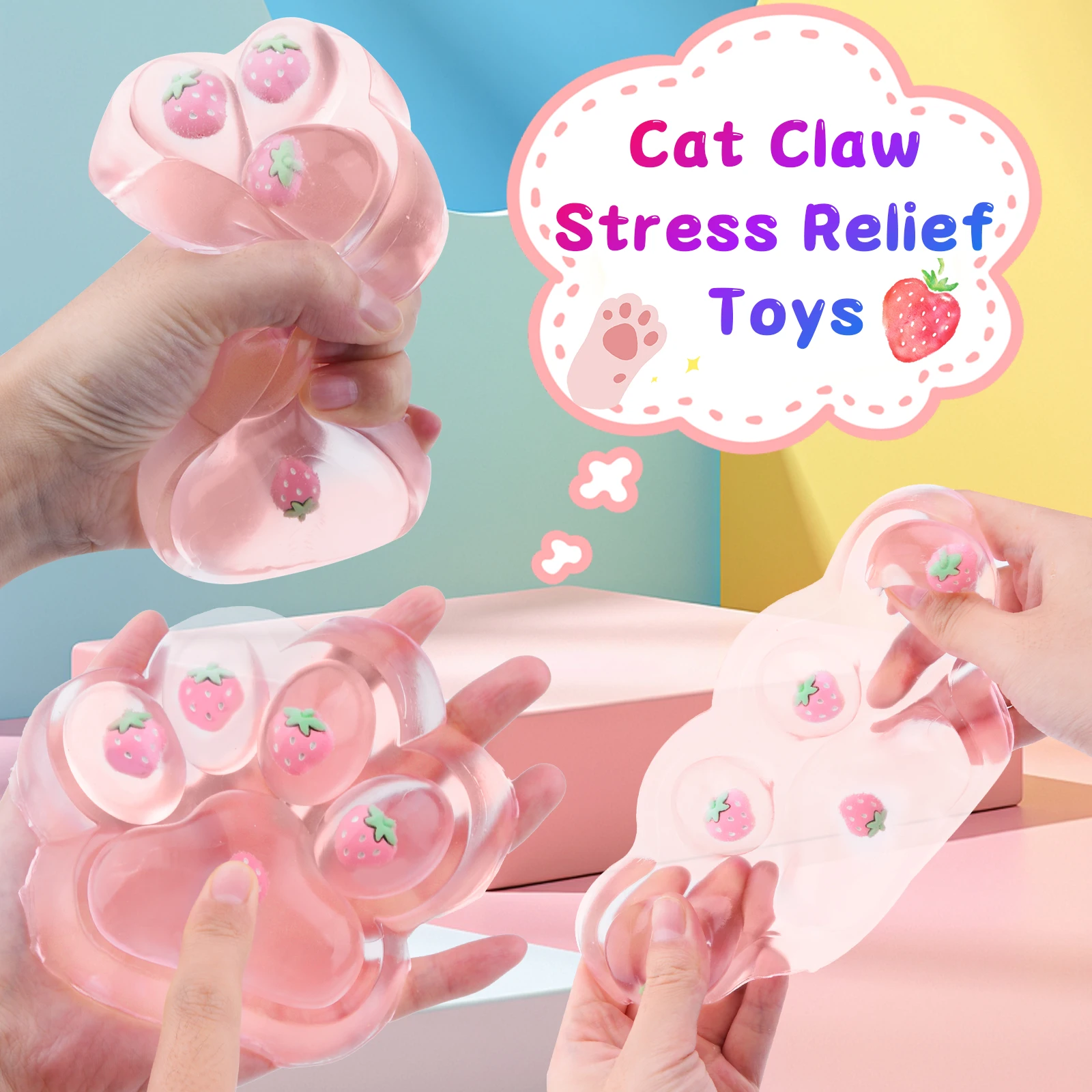 Large Strawberry Cat Paw Squishy Toy Slow Rising Soft Squeeze Stress Relief Fidget Sensory Toy Cute Kawaii Gift for Adults Kids