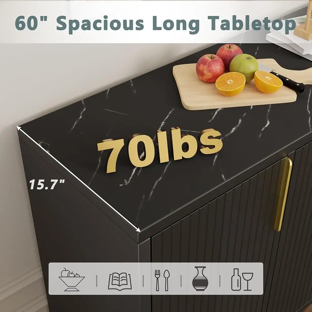 Buffet Sideboard Storage Cabinet Coffee Bar Console Table With Adjustable Shelf, 4 Doors, Black