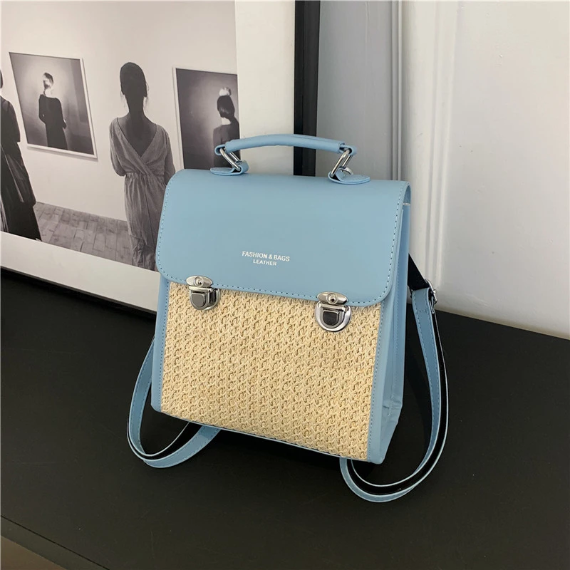 PU and Straw Fashion Backpack High Quality Simple Versatile Shoulder and Crossbody Bags for Women 2024 Designer New Style Summer