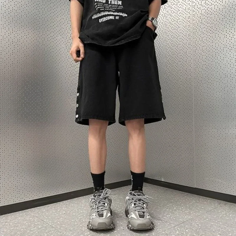 ハーフマンデニムショーツ、バギードローストリング、ワイドリップド、ポケット付き、ロングバミューダ、ルーズショートジーンズパンツ、メンズサマーXLボタン