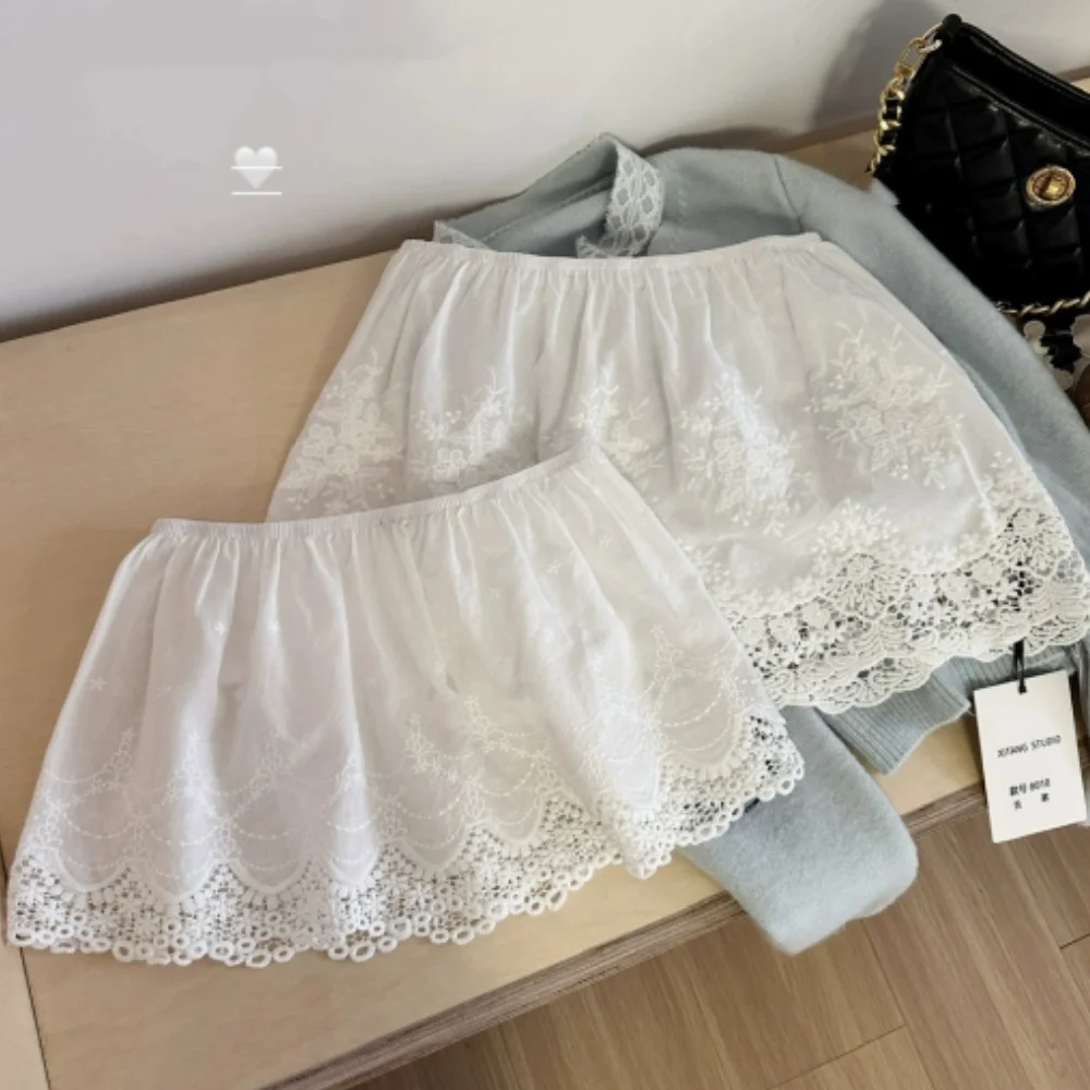 

Кружевная мини-юбка с цветочным узором, эластичная талия, белая удлинительная юбка-накидка для весенней моды, повседневная одежда