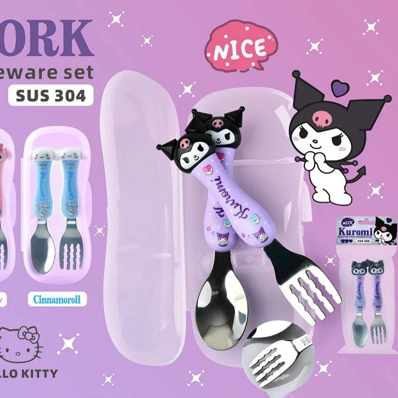 Sanrio Children Tableware Hello Kitty Melody Kuromi Silicone Handle Tableware Two-piece Set Cinnamoroll Fork Spoon Kids Gifts