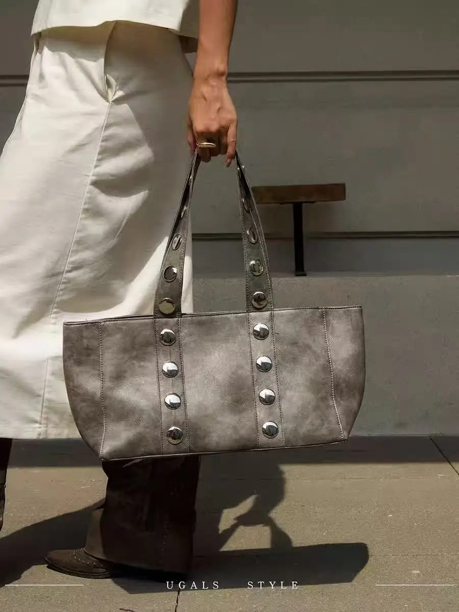 

Большая вместительная повседневная сумка-тоут, высококачественная текстурированная модная сумка-ведро с заклепками, женская сумка, женская сумка на плечо, подмышки