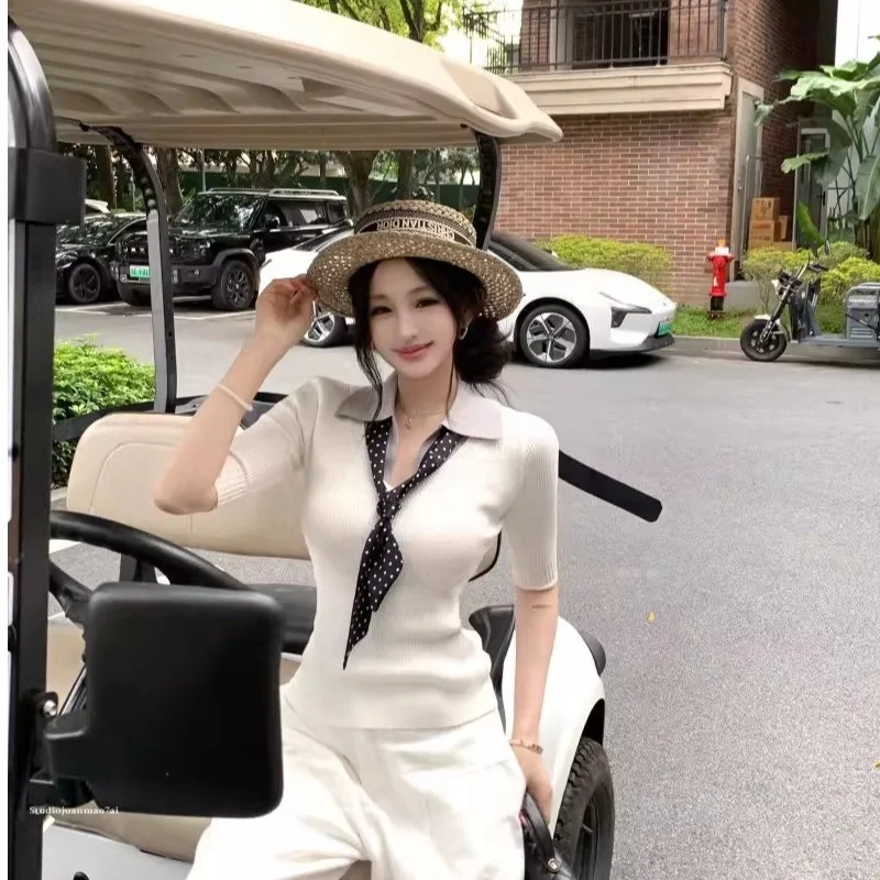 Slim Fit  Shirt Fake Two-Piece Short Sleeve V-Neck Vintage Style Women's Summer T-Shirt Breathable Skin-Friendly Casual Wear