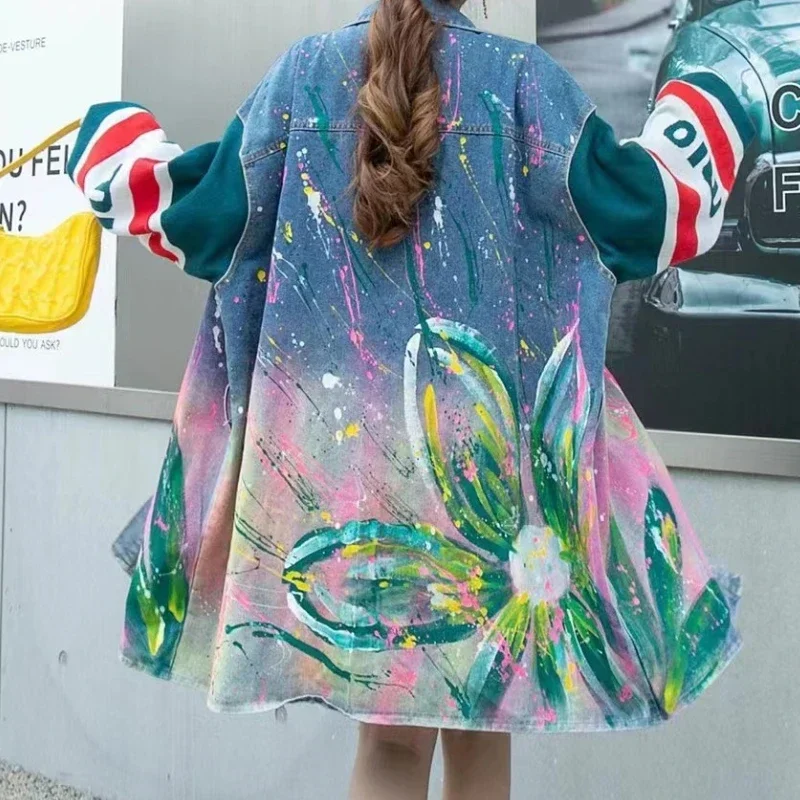 

Women Spring Graffiti Hand Painted Denim Jacket Knitted Sleeve Splice Dyeing Trench Coats Jeans Windbreaker Cardigan Belted Tops
