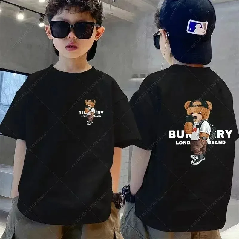 Summer Kids Brand Luxury Bear T-shirt Black White Print Girl Tshirt Children Short Sleeve T Shirt Boy Fashion Cotton Tee Clothes