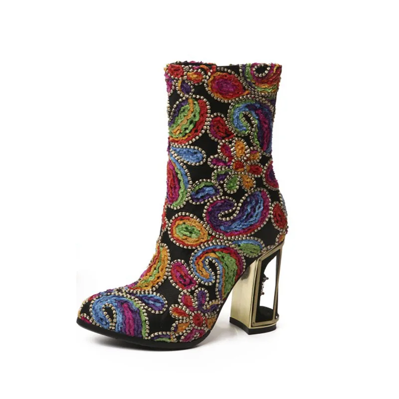 

Women's Retro Calf Booties Side Zip Closure Colorful Crystal Bridal Wedding Shoes Strange High Heels Plus Size Phoentin FT255-1