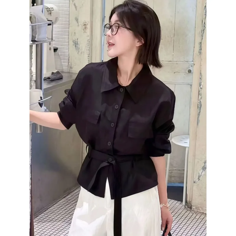 유럽 스타일 여성용 긴팔 셔츠 2025 가을 패션 다용도 루즈핏 솔리드 컬러 벨트 블라우스