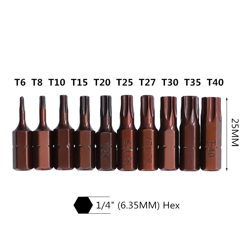 10PCS 25mm Torx Screwdriver Bits With Hole Magnetic Set T20 T25 -T40 1/4 Inch Hex Shank Electric Screw Driver Bit Set Hand Tools