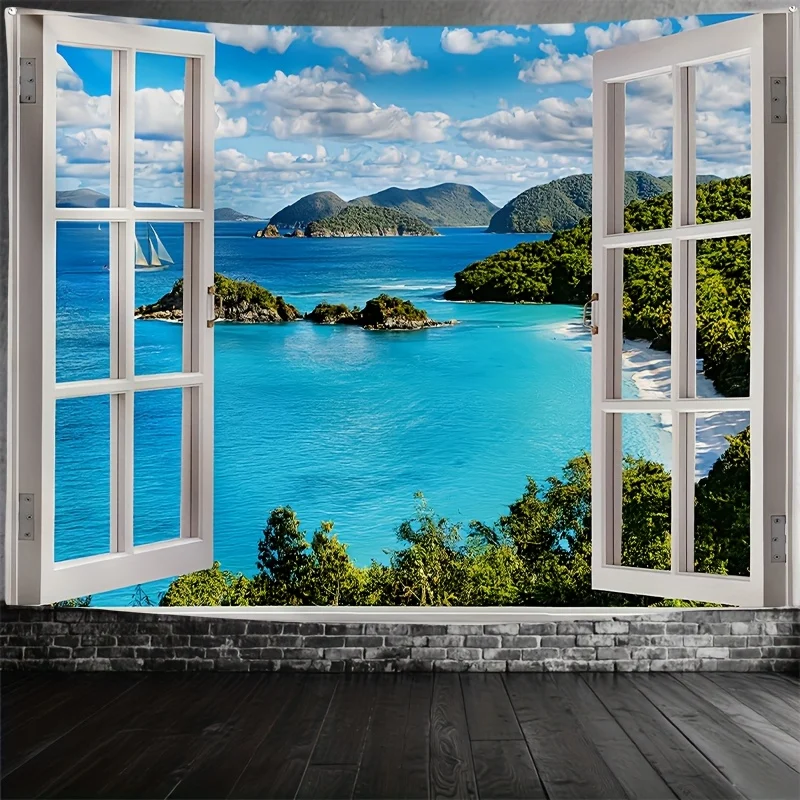

VIKAMA Sea View Fake Window Tapestry Tropical Island Landscape Wall Hanging for Bedroom Living Room Homestay Decor