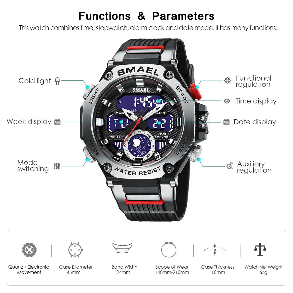 SMAEL Electronic Digital Watches for Men Fashion Chronograph Quartz Wristwatch Auto Date Week Alarm Clock LED Dual Time 8069