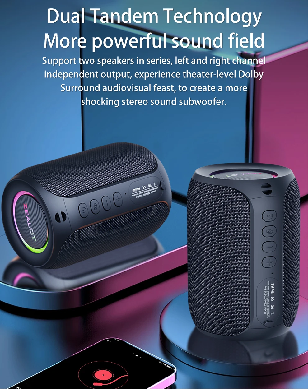 Zealot S32 Pro 15 W kabellose Lautsprecher, Dual-Pairing, 3600-mAh-Akku, 12 Stunden Spielzeit, lautes Stereo, boomender Bass. – Detail 9