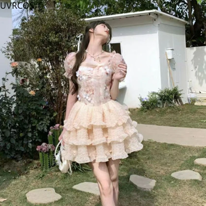 Summer Sweet Lolita Party Mini Dress Women Kawaii Lace Bow Ruffles Flowe Fairy Dresses Female Korean High Waist Princess Dresses