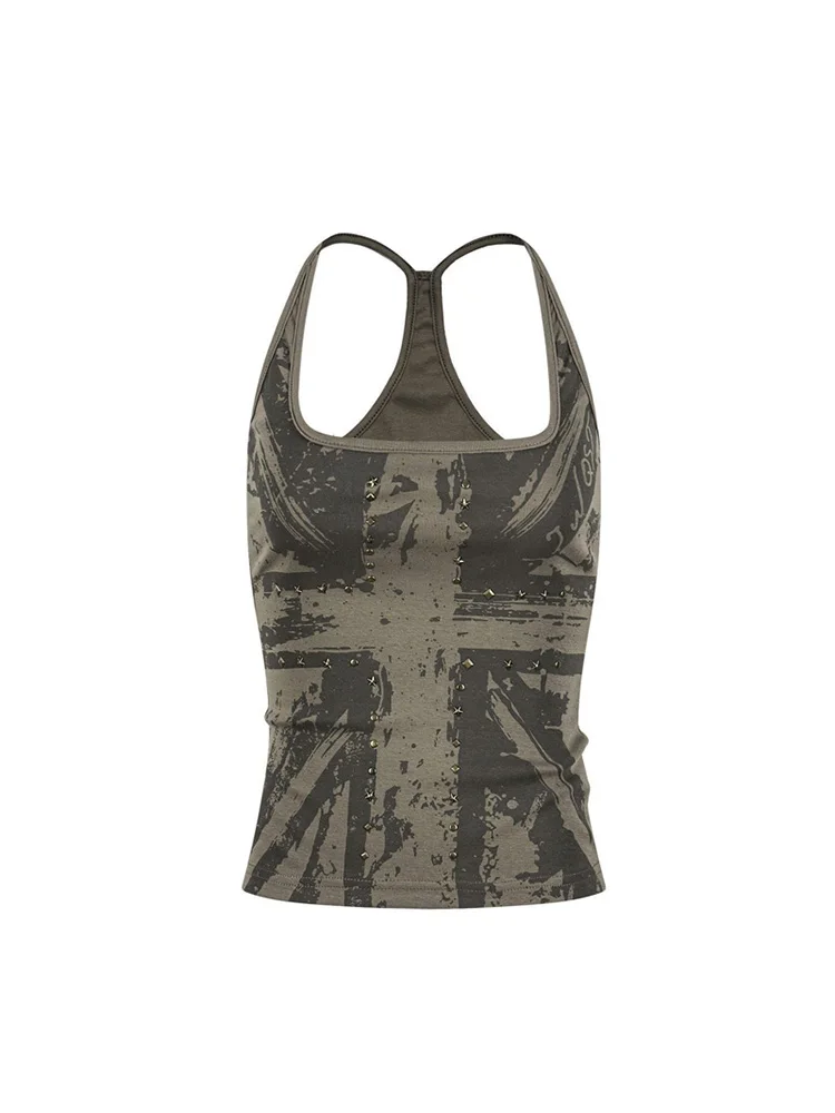 2026 Sommer Damen Punk Rave Festival Distressed Graffiti Print Metall-Stern-Nieten Quadratischer Ausschnitt Racerback Bodycon Crop Tank Top – Detail 8