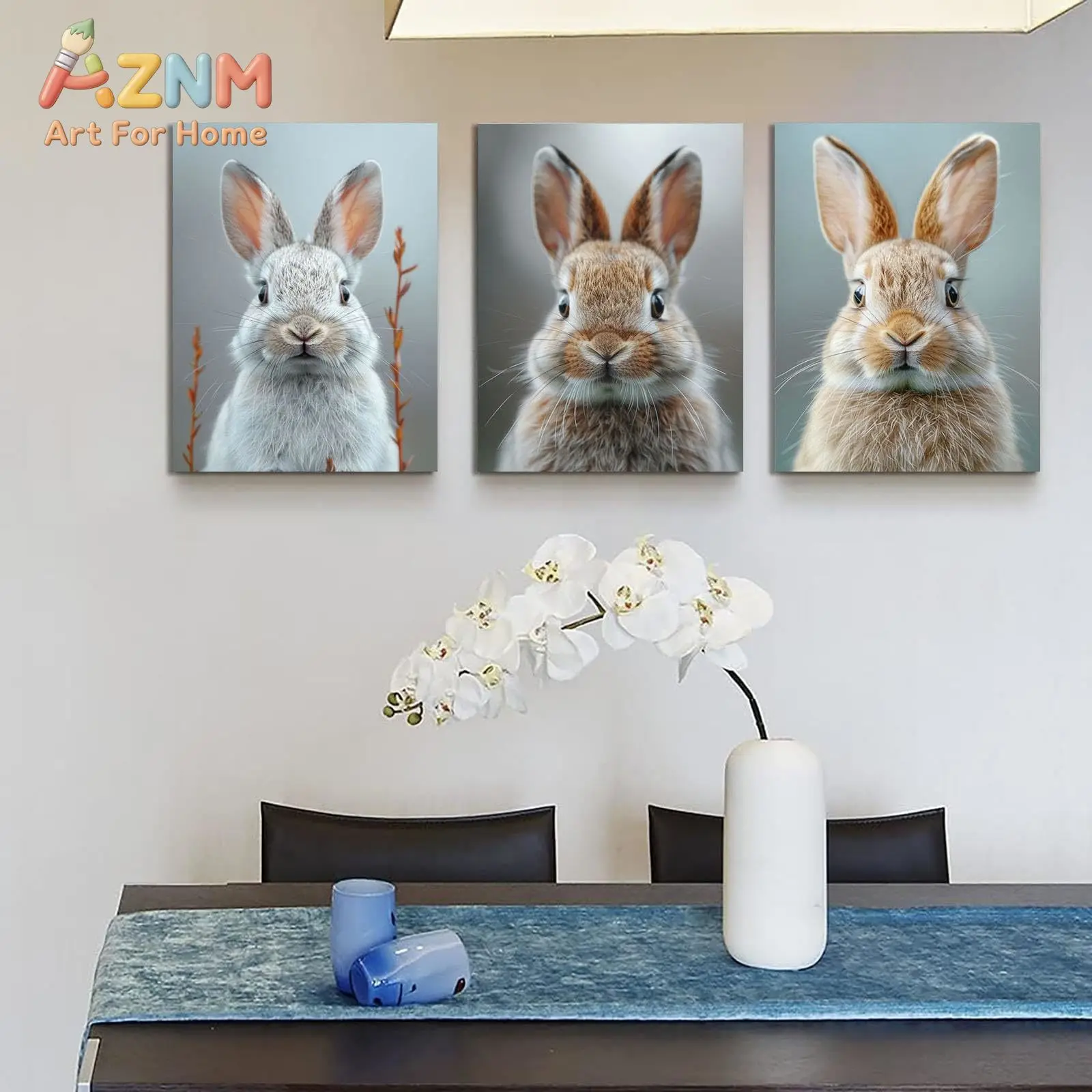 AZNM Cute Rabbit Canvas Wall Art Realistic Animal Portrait Frameless Canvas Painting Nursery Kids Room Home Decor Poster