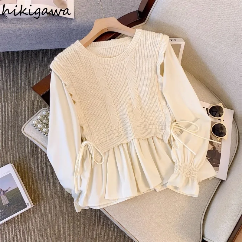 Chic Fake Two Jumper Women Clothing Patchwork Knitting Pullovers Sueter Mujer Ruffles Drawstring Sweater Tops Korean Pull Femme