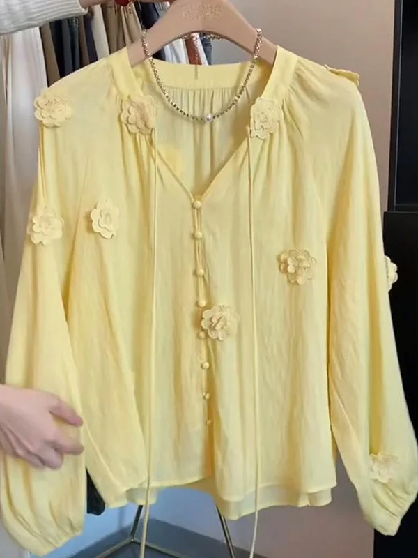 

Весна 2024, свободный цвет, длинный све V-Ne, женский модный повседневный топ в Корейском стиле с цветочным принтом