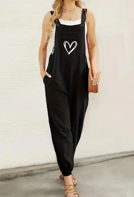 

Summer Square Neck Sleeveless Heart-Shaped Printed Multi Pocket Decoration Loose Shoulder Strap Jumpsuit Women's Casual Jumpsuit