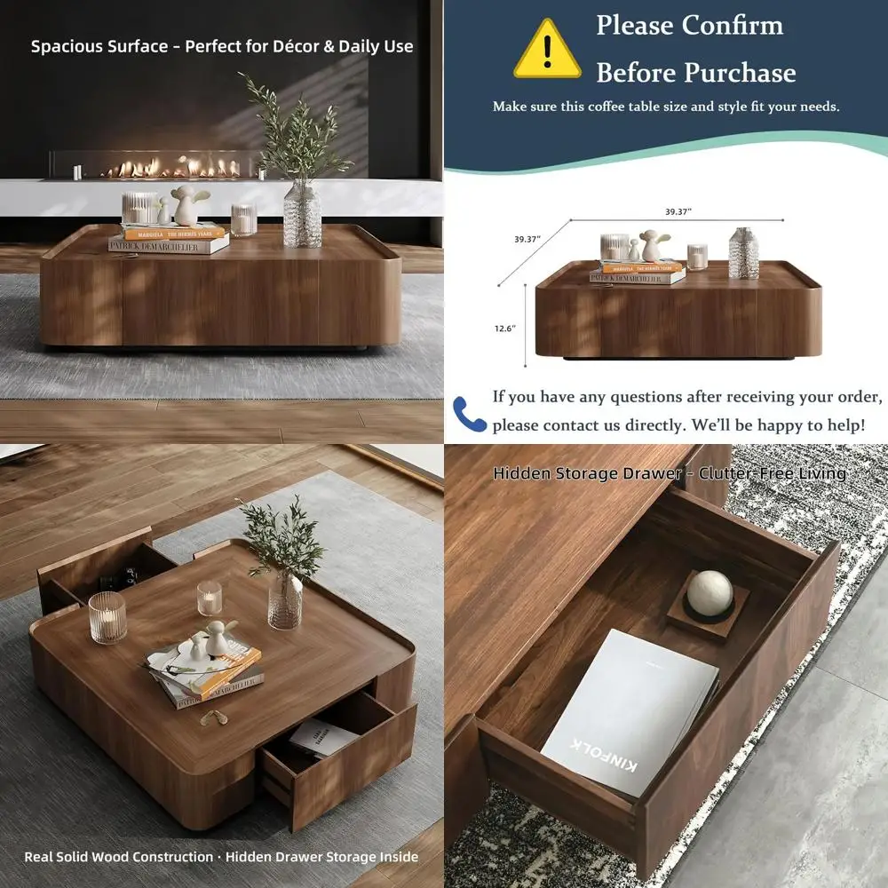 Elegant Walnut Coffee Table with Hidden Drawer, Simple Assembly, Square Design for Living Spaces, Raised Edge, 39.37 Square Size