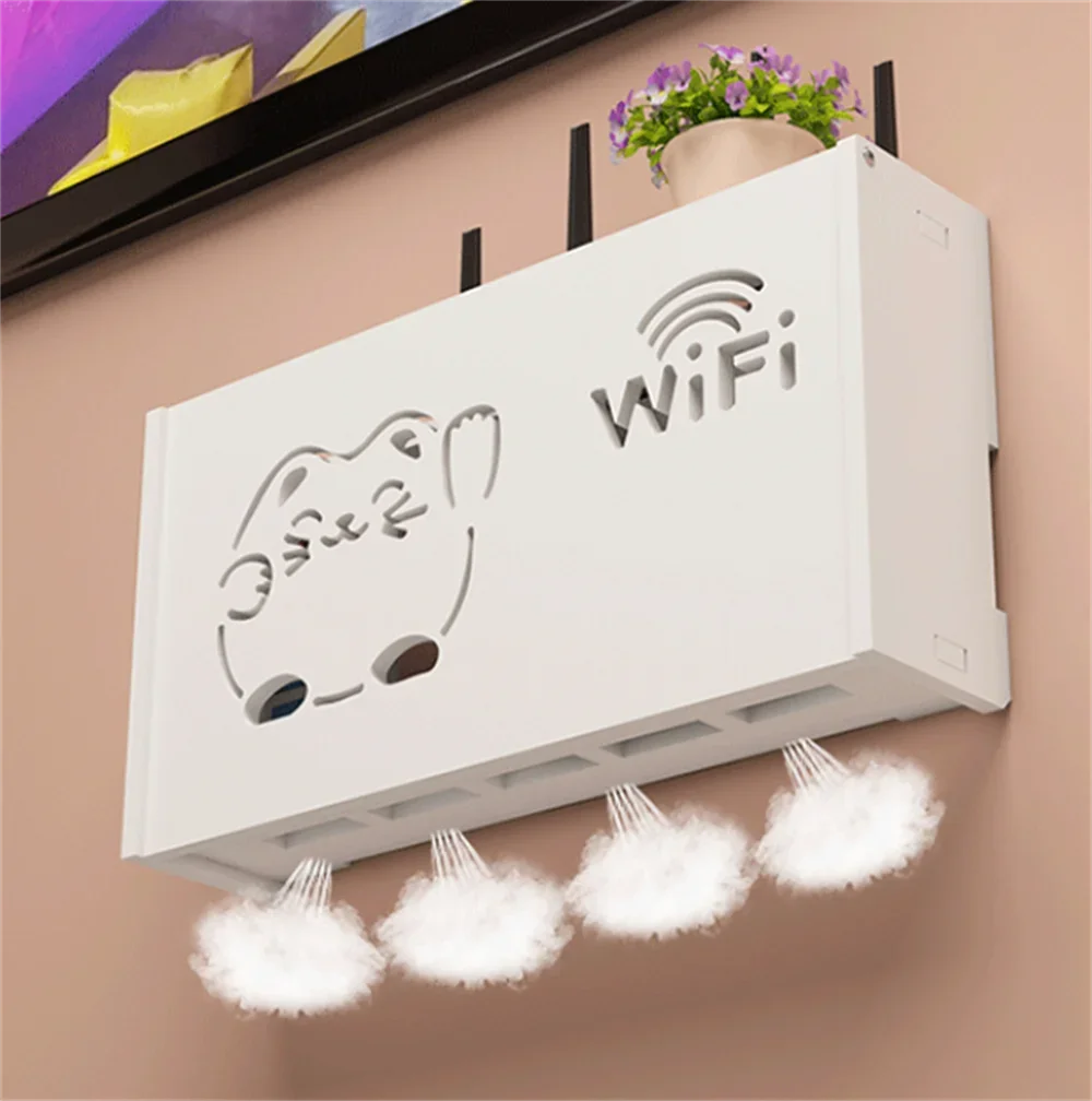 White Wifi Router Storage Boxes Cable Power Plug Wire Wall Mounted Shelf Storage Rack 1PC