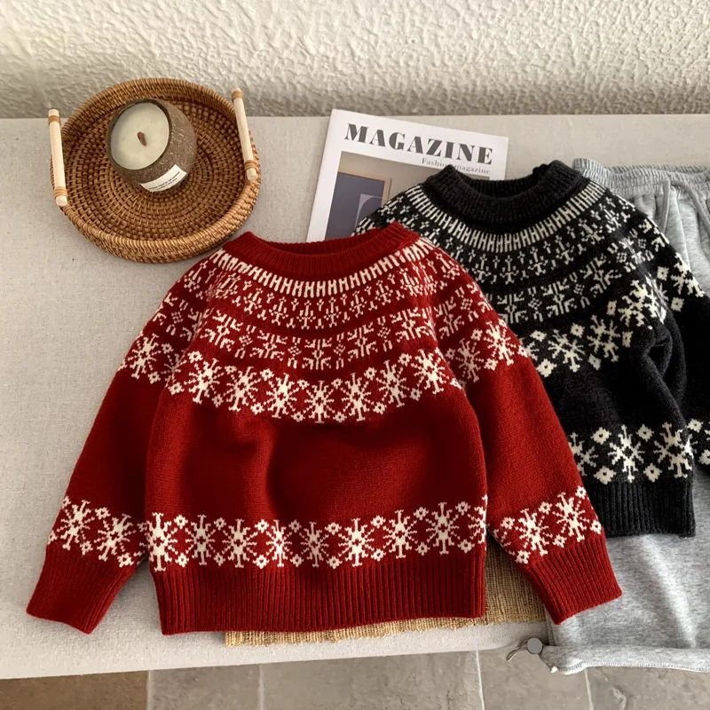 

Красный рождественский свитер для мальчиков, зимняя одежда в стиле Фэр-Айл, новогодняя одежда для детей, вязаный топ для малышей, детская новогодняя одежда