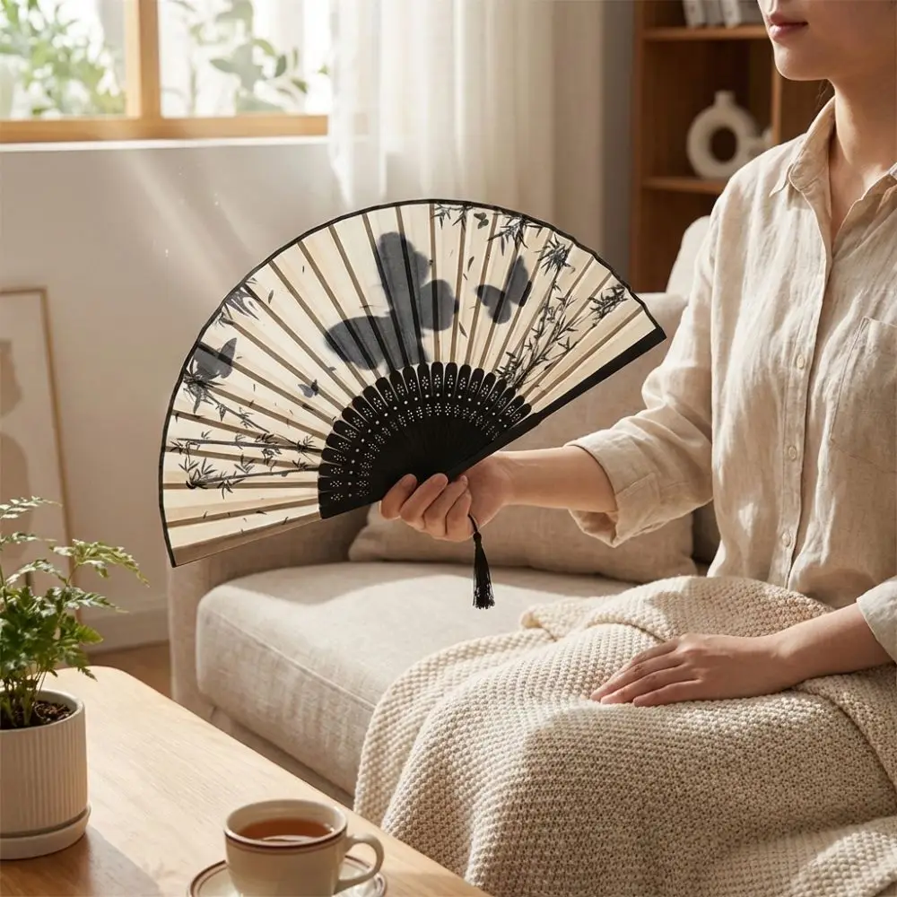 Portable Vintage Silk Folding Fan Chinese Style Butterfly Print Bamboo Fan Handmade Wooden Handle Decorative Fan Dance Props