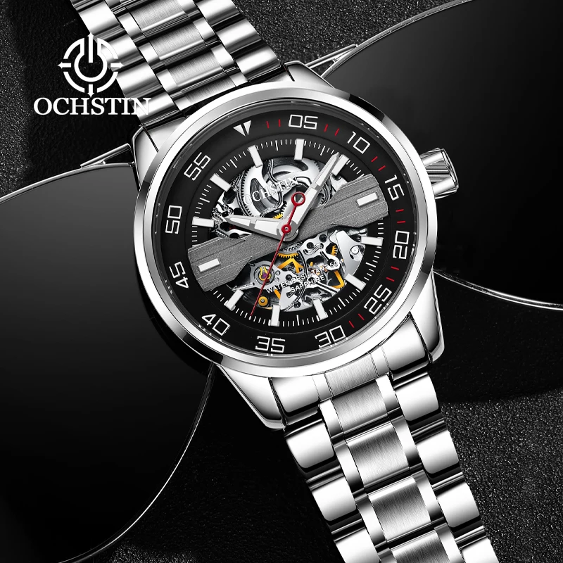 OCHSTIN Master Series Men's Stainless Steel Strap Wristwatch Man Mechanical Movement Skeleton Watches Luminous Hand Clock